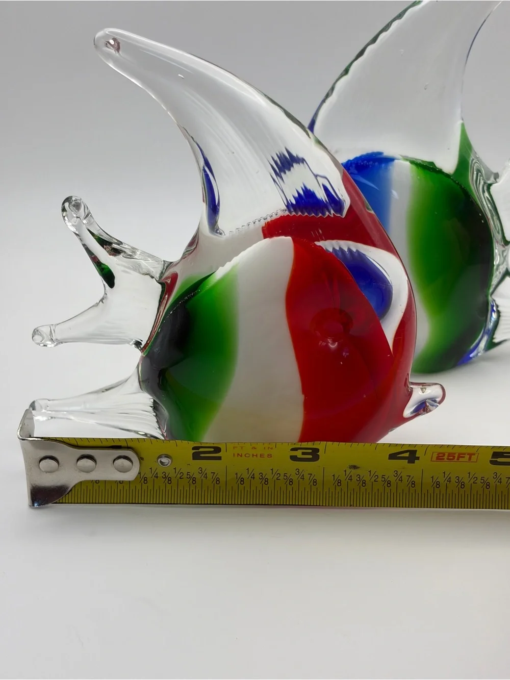 Pair Hand Blown Art Glass Angelfish Figurines Red Blue Green Clear Unsigned